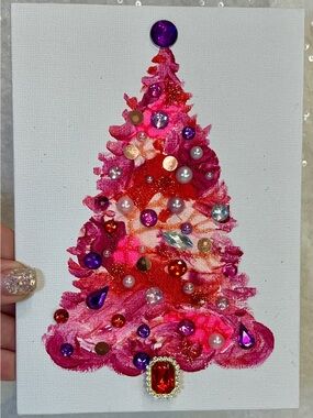 Handmade Christmas tree artwork with pink & red glittery tree adorned with beads